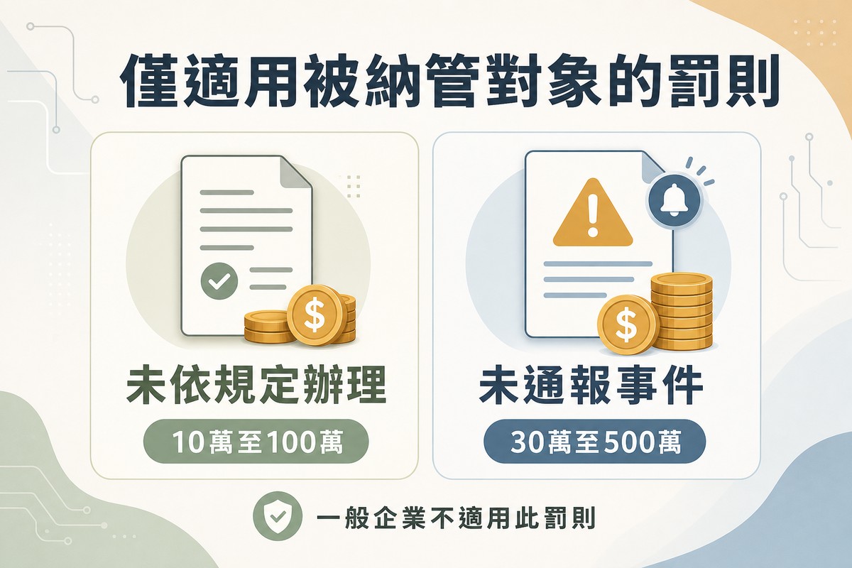 左側畫文件搭配少量罰款圖示標示未依規定辦理;右側畫警示通報文件搭配較大罰款圖示標示未通報事件