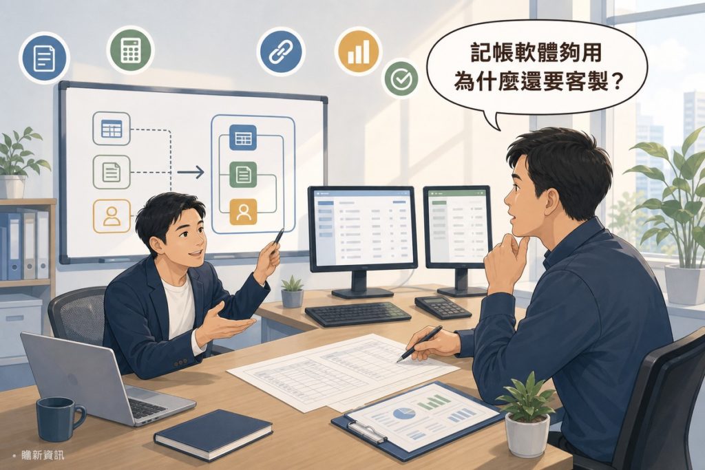 插畫：顧問指著白板上把分散方塊連成一組的示意圖，業主面前有兩個各自獨立的清單螢幕與手工橋接的表格，讀者提問氣泡寫著記帳軟體夠用為什麼還要客製