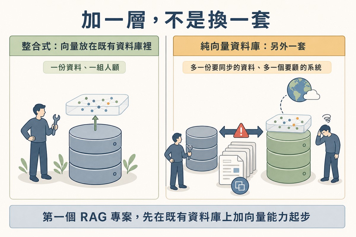 左邊一個資料庫上方加了一層透明托盤放向量地圖、一人維護;右邊兩個分開的資料庫之間有同步箭頭與警告標誌、重複文件堆疊、兩人維護,其中一人疲累