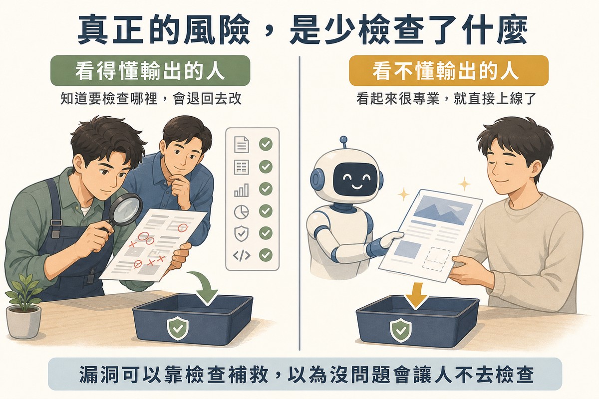 左邊工程師以放大鏡檢查文件並做紅筆標記、同事在旁複核;右邊一人接過機器人遞來的光鮮文件未經檢查直接放入收件匣,文件中有一處虛線缺口