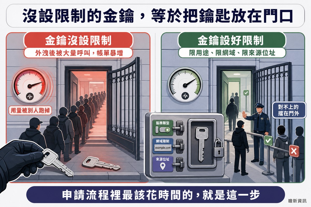 左右對照插圖:左邊鑰匙放在門口被複製且匿名人潮湧入、用量表指針衝到底,右邊鑰匙鎖在保護盒並設有服務類型網域來源位址三道限制且警衛在門口攔查