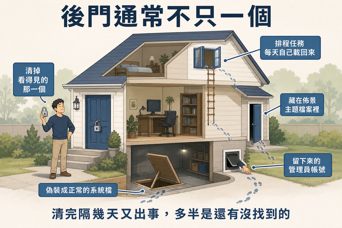 剖面房屋中一人在大門裝上新鎖顯得滿意，同時側門半開、地窖門被楔住、樓上窗戶垂下繩梯、地面有寵物門，每處都有腳印