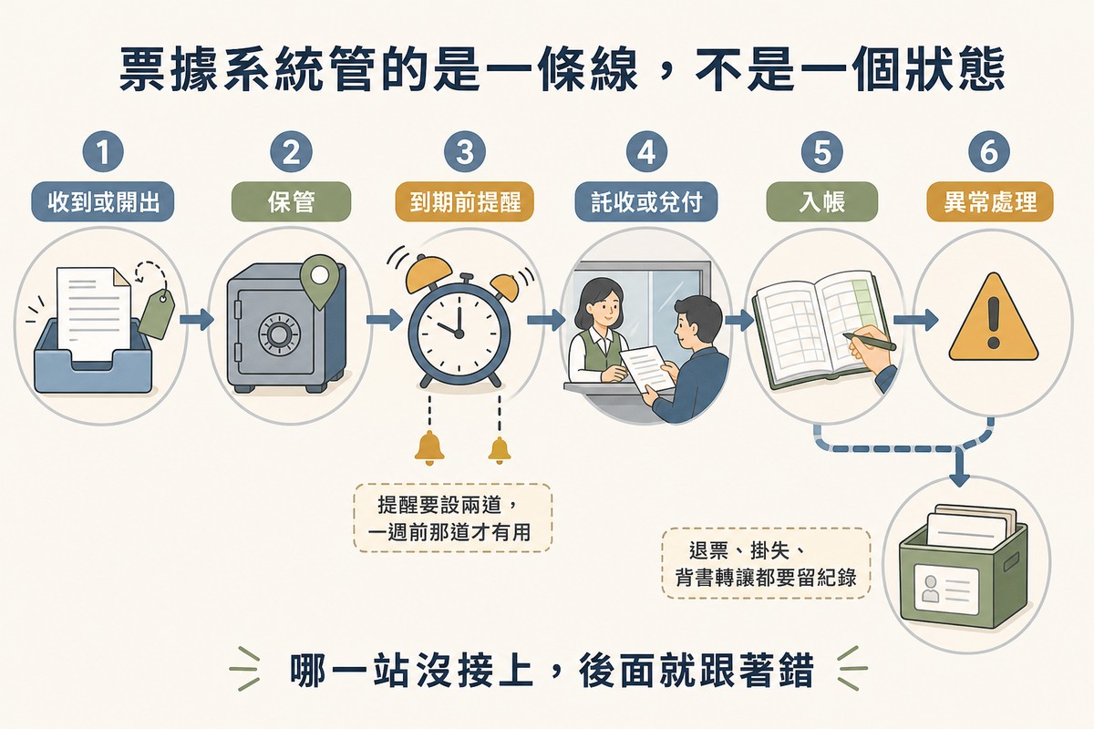 同一張票據沿著六個站點前進,依序為收件匣、保險箱、有兩個鬧鈴的時鐘、櫃檯窗口、帳本,以及標示警告三角形的異常處理分支