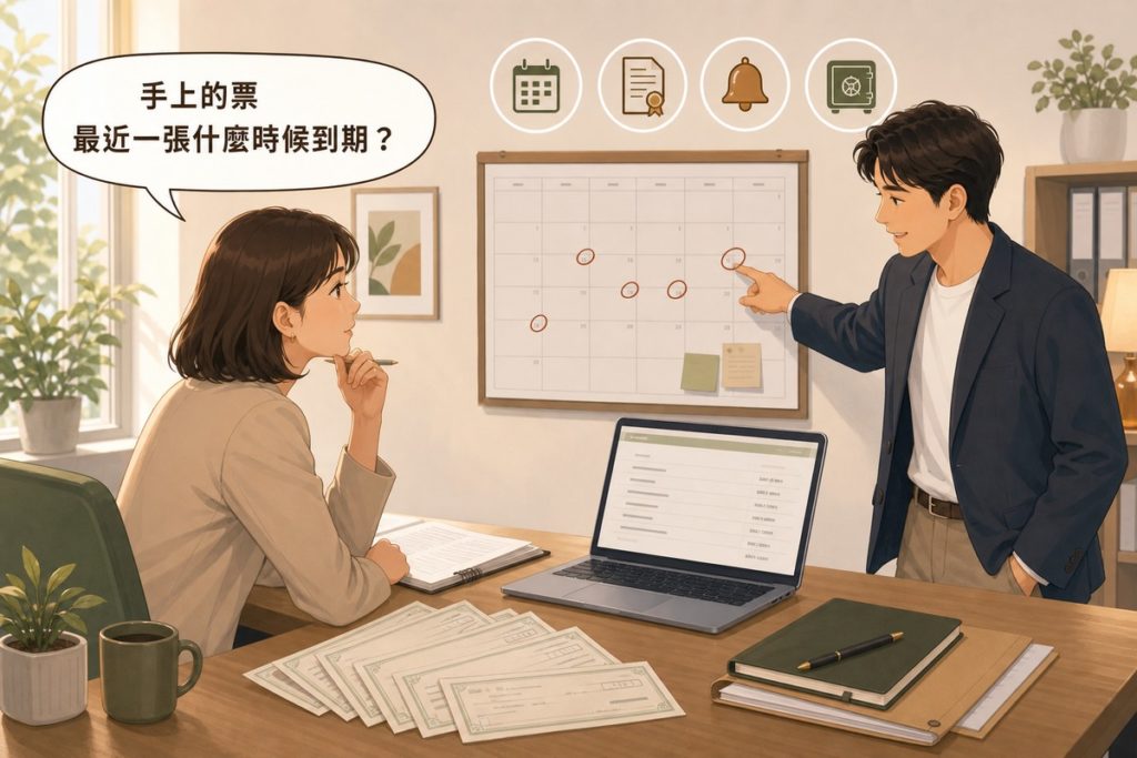 財務人員桌上攤著幾張票據並看著牆上圈了日期的月曆，同事在旁指著其中一個即將到來的日期