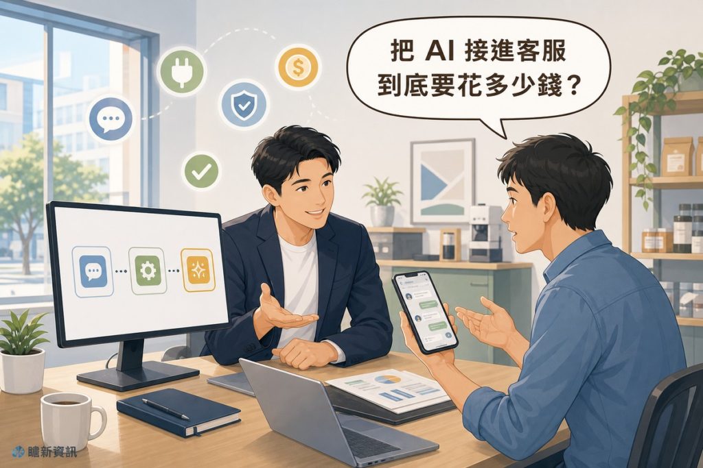 插畫：顧問向店家老闆說明螢幕上的AI串接流程，老闆手持顯示客服訊息的手機，讀者提問氣泡寫著把AI接進客服到底要花多少錢