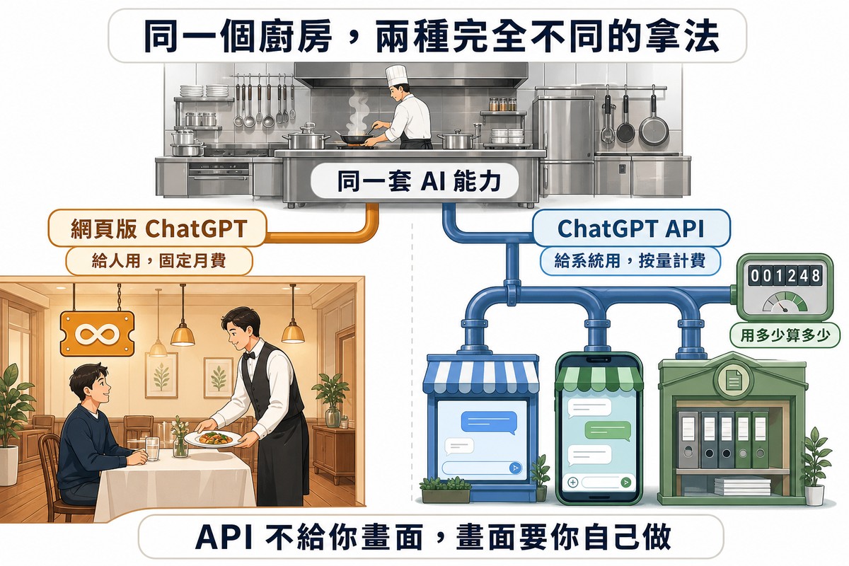 廚房比喻插圖:同一個廚房,左邊是顧客坐在餐廳被服務生上菜並掛著吃到飽牌,右邊是三條管道把料理送到網頁客服、手機App與內部系統三個自建門面並附計量表