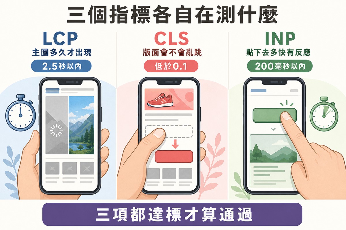 三欄手機插圖:LCP 主圖從灰色佔位載入完成、CLS 按鈕被廣告擠開導致點空、INP 點擊後畫面立即回應