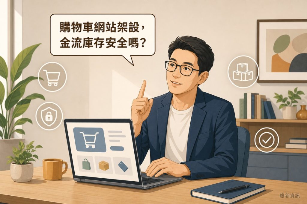 一位插畫風格的男性顧問角色坐在書桌前使用筆電，筆電螢幕上有簡化的購物車介面圖示，畫面上方有讀者提問氣泡寫著「購物車網站架設，金流庫存安全嗎？」，周圍散布購物車、鎖頭、包裹、勾選等白色線條圖示，右下角有瞻新資訊品牌標籤