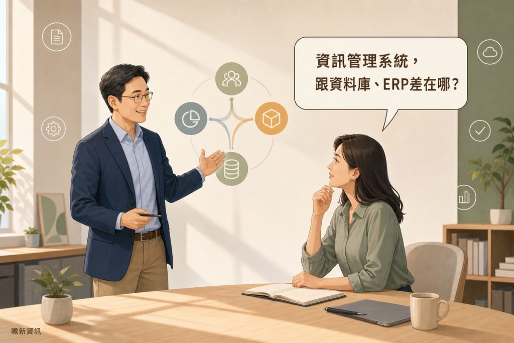顧問向讀者說明資訊管理系統跟資料庫、ERP的差別，牆上有代表資訊流動的抽象圖示，讀者提問氣泡寫著資訊管理系統跟資料庫、ERP差在哪