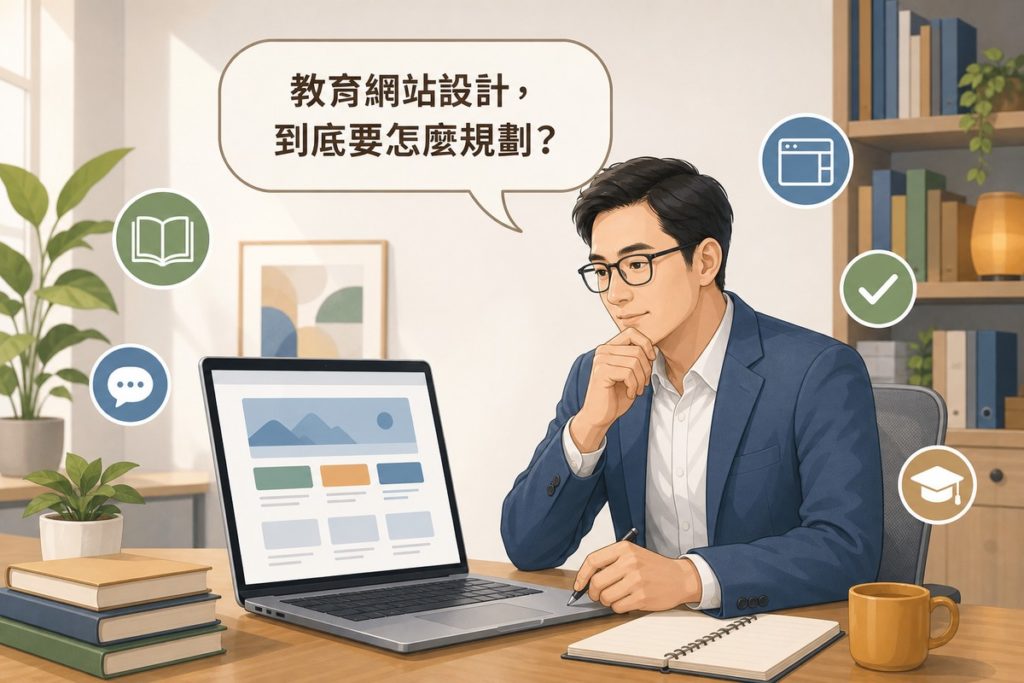 一位男性使用者坐在書桌前若有所思地看著筆電螢幕，上方有對話氣泡寫著『教育網站設計，到底要怎麼規劃？』，周圍散布書本、對話框、瀏覽器視窗、勾選標記與學士帽等小圖示