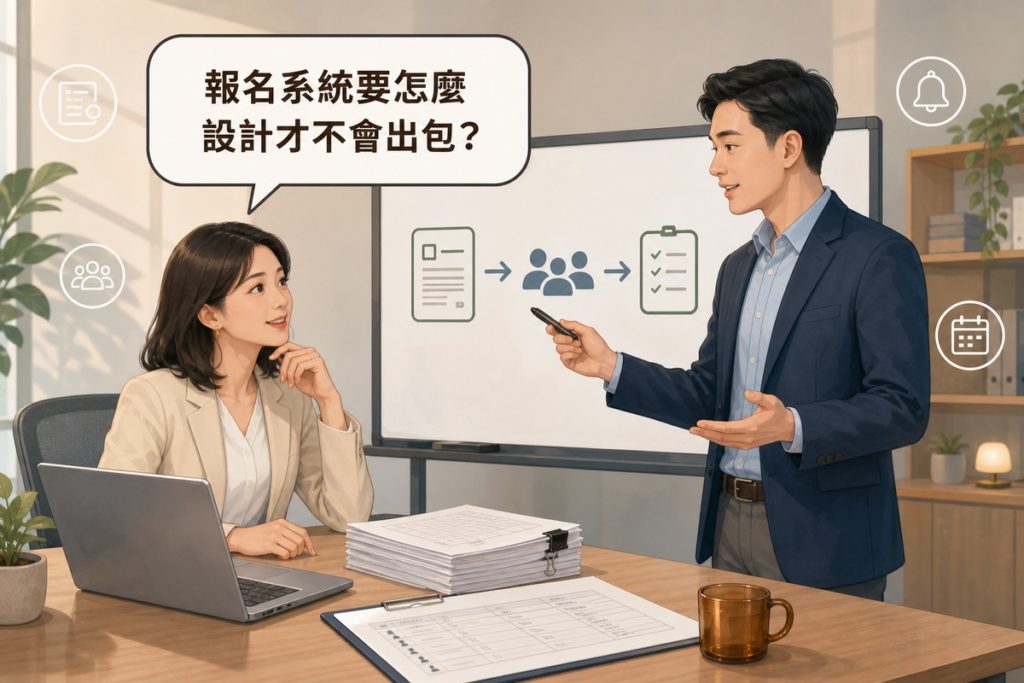 一位活動主辦方女性坐在筆電前若有所思，提問氣泡寫著報名系統要怎麼設計才不會出包；旁邊男性IT顧問站在白板前，白板上畫著表單、人數、確認清單的簡單流程圖，背景是暖色調的會議室