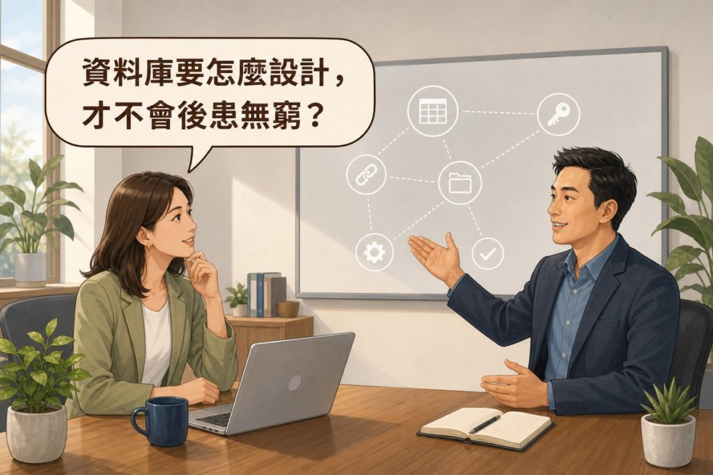 兩位專業人士在會議室對話，左側女性業主提出對話框問題「資料庫要怎麼設計，才不會後患無窮？」，右側男性顧問手指向白板，白板上有資料表、金鑰、連結、資料夾、齒輪、勾選等六個圖示以虛線相連