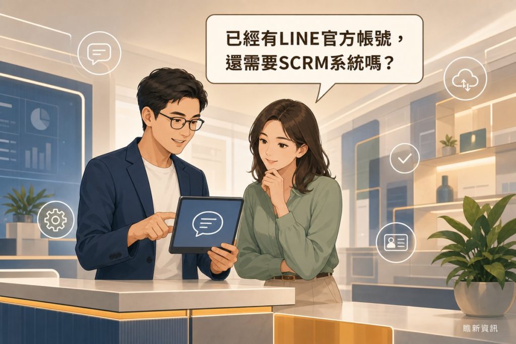 一位顧問拿著平板向客戶說明，畫面上方有讀者提問氣泡寫著已經有LINE官方帳號還需要SCRM系統嗎，周圍點綴聊天、雲端、齒輪、勾選等白色線條圖示