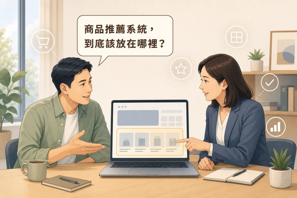 一男一女在會議桌前討論電商網站首頁佈局,筆電螢幕顯示商品推薦區塊,男子提問「商品推薦系統,到底該放在哪裡?」,周圍點綴購物車、星星、格線、勾選、長條圖等白色線稿小圖示