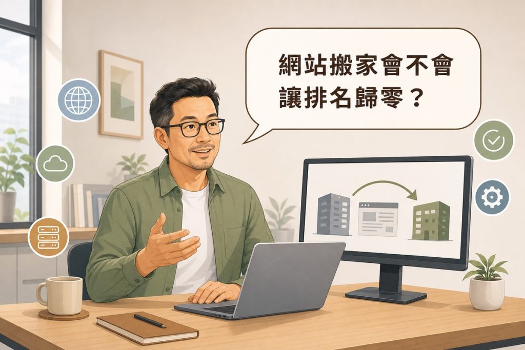 一位穿鼠尾草綠襯衫的男性顧問坐在書桌前使用筆電，螢幕顯示一棟灰色建築物透過箭頭轉移到綠色建築物的示意圖，上方有一個讀者提問對話框寫著「網站搬家會不會讓排名歸零？」，周圍點綴地球、雲端、勾選、齒輪、伺服器等白色描邊圖示