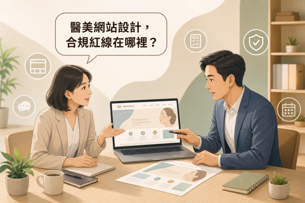 會議室裡，一位醫美診所窗口與網站設計顧問對著筆電討論官網規劃，畫面上方有讀者提問氣泡寫著「醫美網站設計，合規紅線在哪裡？」，周圍散布網站版面、待辦清單、盾牌勾選、預約行事曆等白色描邊小圖示