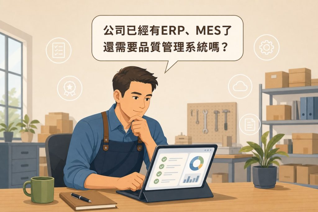 一位小型企業主坐在辦公桌前若有所思地看著平板電腦，畫面上方有對話氣泡寫著「公司已經有ERP、MES了　還需要品質管理系統嗎？」，背景有倉庫貨架，並點綴檢核清單、獎章、齒輪、雲端、文件等白色描邊小圖示