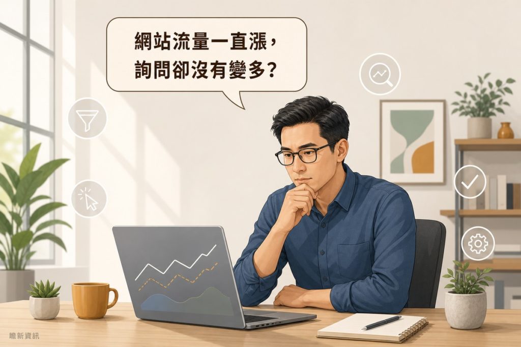 一位分析師坐在書桌前托腮看著筆電螢幕上的抽象折線圖，畫面上方有讀者提問對話氣泡，寫著網站流量一直漲、詢問卻沒有變多