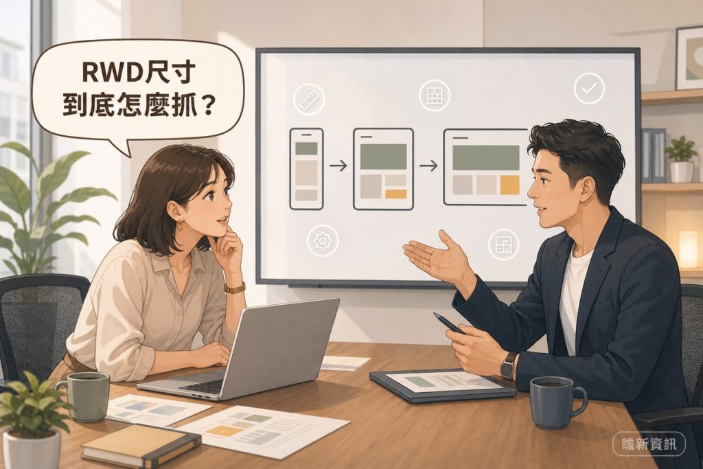 顧問辦公室裡，女性客戶在白板前提出RWD尺寸問題的氣泡對話，白板顯示手機、平板、桌機三種版面寬度依序展開的示意圖，男性顧問在旁說明