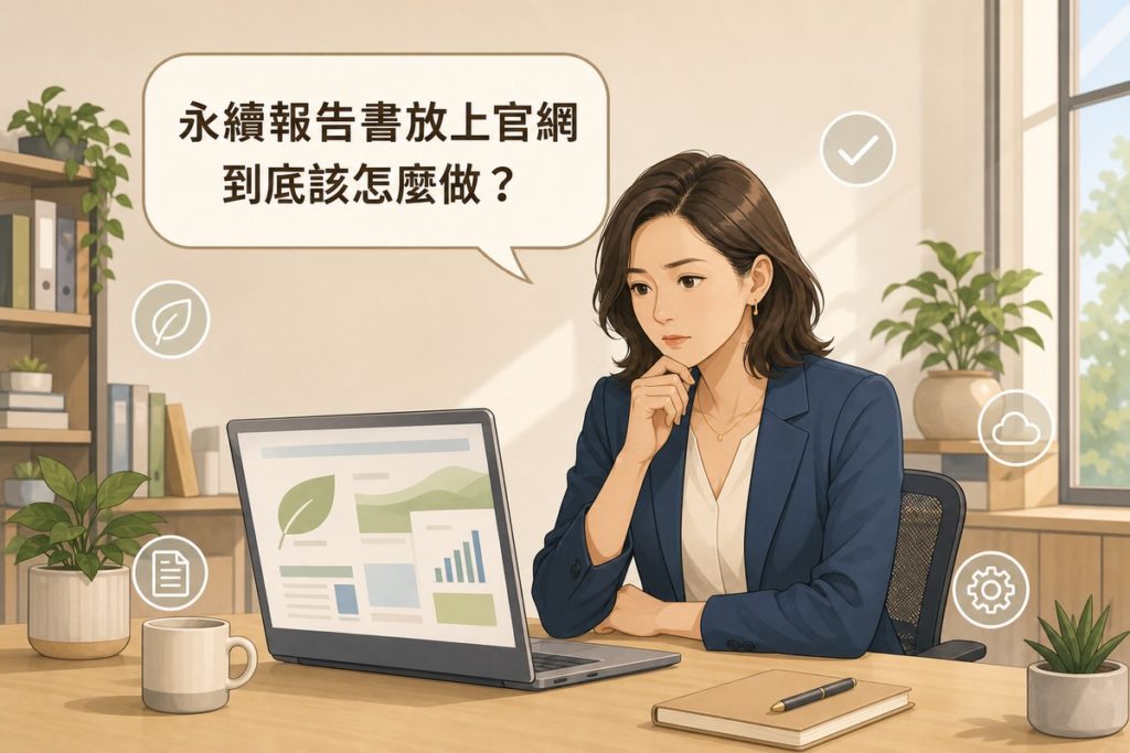一位女性專業人士坐在辦公桌前看著筆記型電腦，上方有對話氣泡寫著永續報告書放上官網到底該怎麼做，畫面周圍有葉子、勾選、文件、雲朵、齒輪等白色描邊圖示點綴