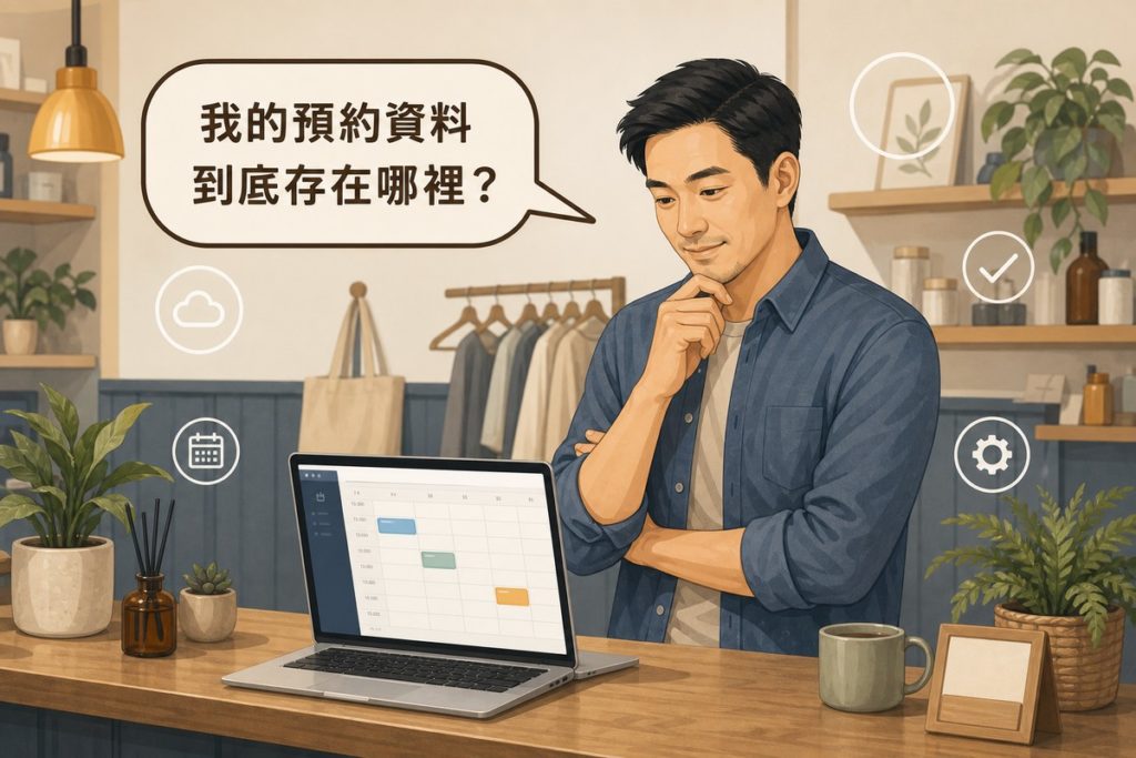 一位店主站在櫃檯後方，看著筆電上的預約行事曆畫面若有所思，上方有一個對話氣泡寫著「我的預約資料到底存在哪裡？」，背景是溫暖色調的店面，周圍點綴雲朵、行事曆、勾選、齒輪四個白色圓形小圖示
