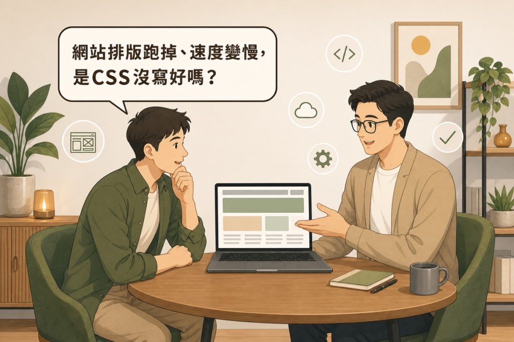 一位業主與網頁設計顧問並肩坐在會議桌前討論網站，顧問手指向筆電螢幕上的簡易網頁版面示意圖，業主頭頂的對話氣泡寫著「網站排版跑掉、速度變慢，是CSS沒寫好嗎？」，周圍點綴著網站線框、程式碼、雲端、勾選、齒輪等小圖示