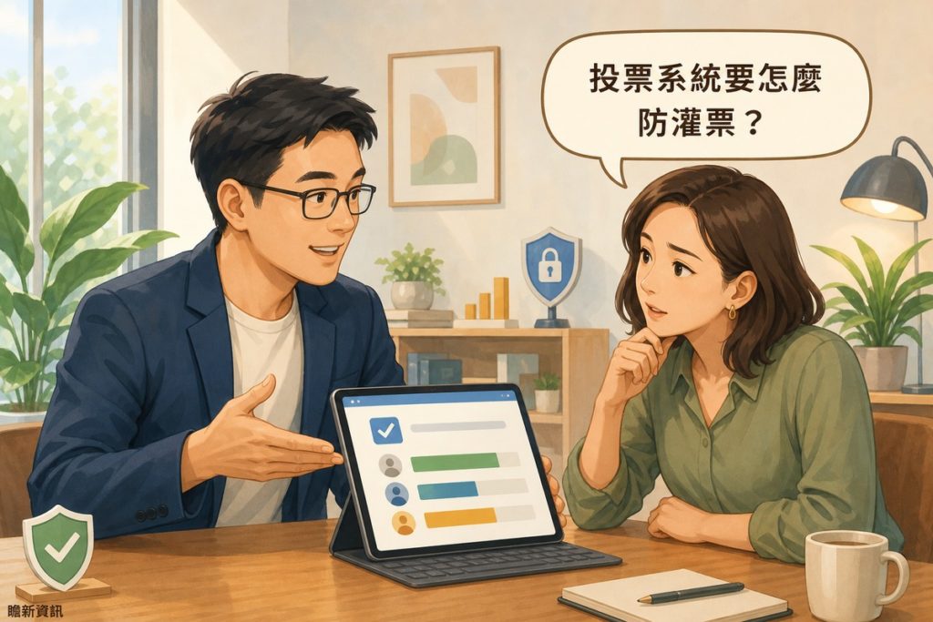 一位戴眼鏡的男性顧問與一位女性客戶在會議桌前討論平板上的投票系統畫面，女性提出投票系統要怎麼防灌票的疑問，桌面有盾牌打勾圖示與瞻新資訊標籤