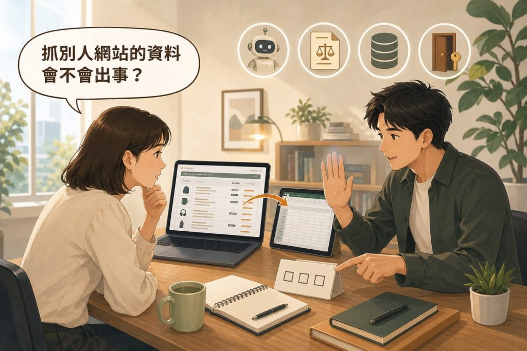 兩位中小企業人員看著筆電上的同業價格頁與旁邊的試算表，一人舉手示意先看桌上三個勾選框的卡片，提問「抓別人網站的資料會不會出事？」