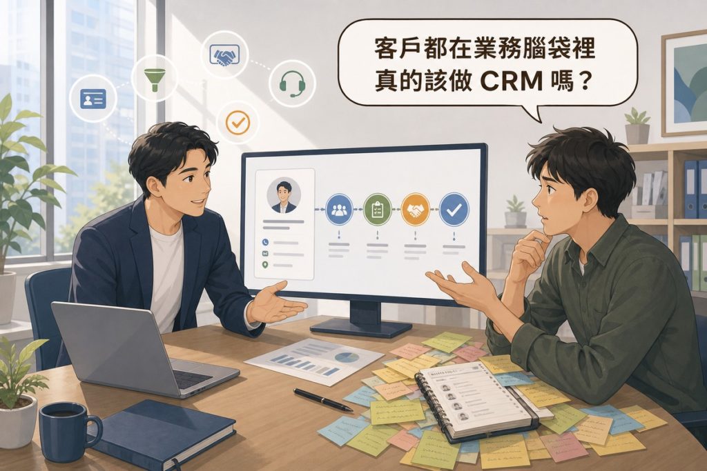 插畫：顧問指著螢幕上整齊的客戶資料卡與四階段流程，業主桌上散落大量便利貼與手寫客戶名冊，讀者提問氣泡寫著客戶都在業務腦袋裡真的該做CRM嗎
