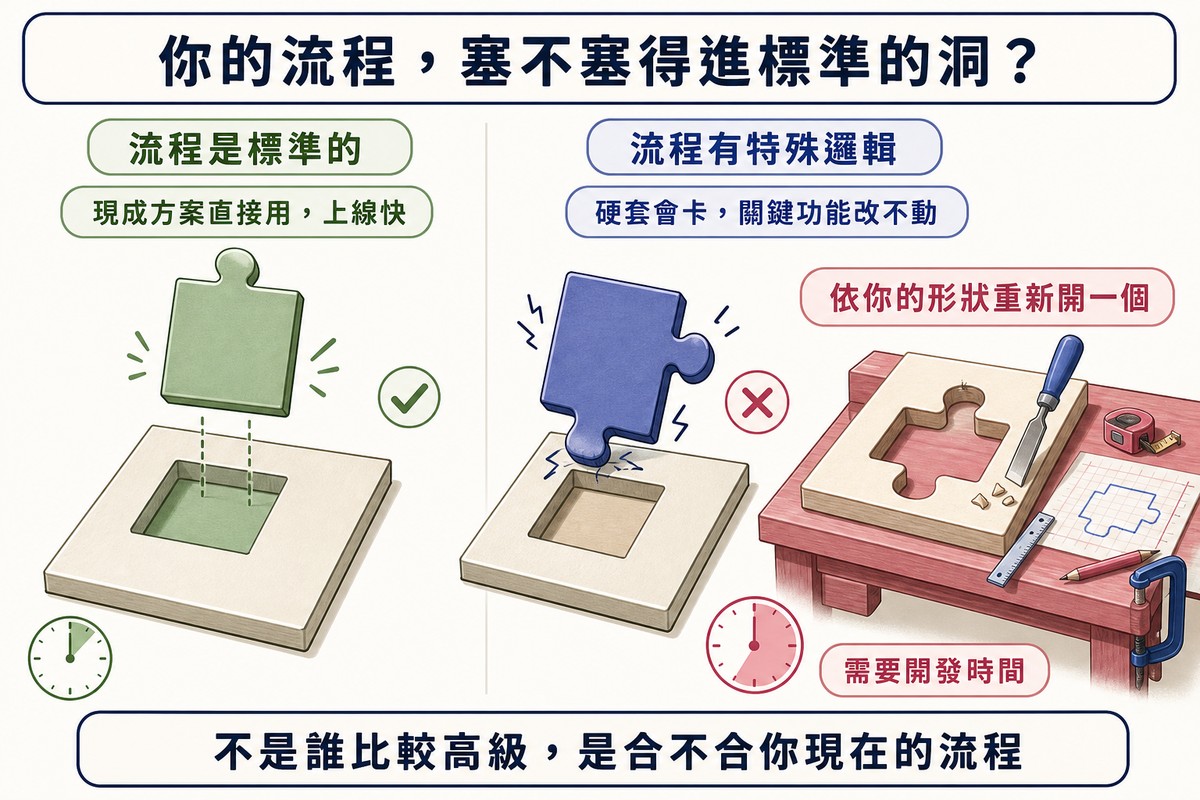 拼圖插圖：左邊標準方形拼圖片順利落入方形凹槽並打勾，右邊不規則形狀拼圖片卡住打叉，旁邊工作台正依該形狀鑿出新的凹槽
