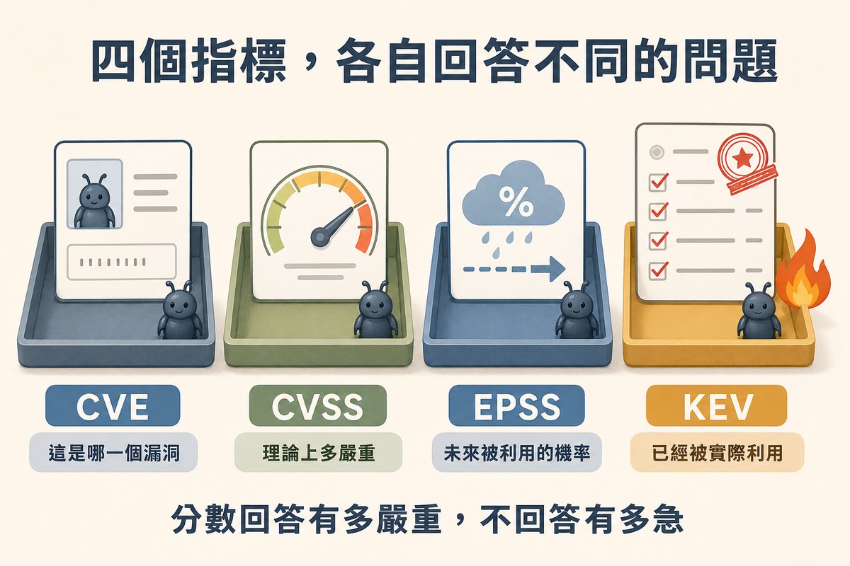 四個桌上文件盤分別放著身分證、儀表盤、機率預報卡與蓋印清單,每個旁邊都有同一隻小蟲模型