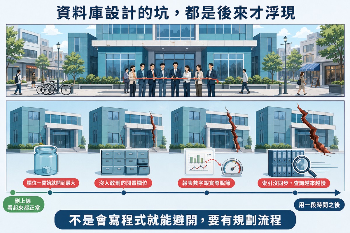時間軸插圖:上排是剛落成剪綵一切正常的建築,下排同一棟建築隨時間出現四道越來越大的裂縫,分別標示欄位開到最大、閒置欄位、報表脫節、索引沒同步