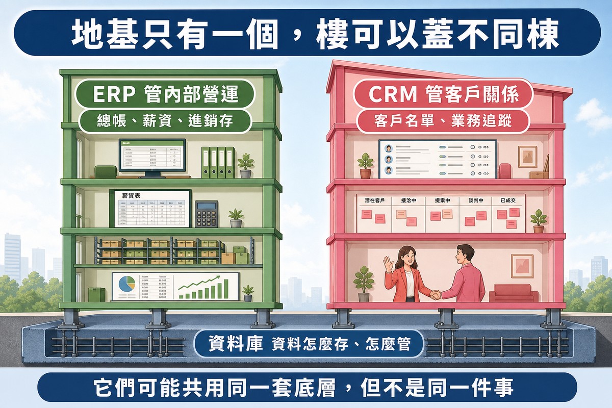 建築剖面插圖:一塊共同鋼筋地基標示為資料庫,上面站著綠色的ERP大樓與粉紅色的CRM大樓,各自展示內部營運與客戶管理場景