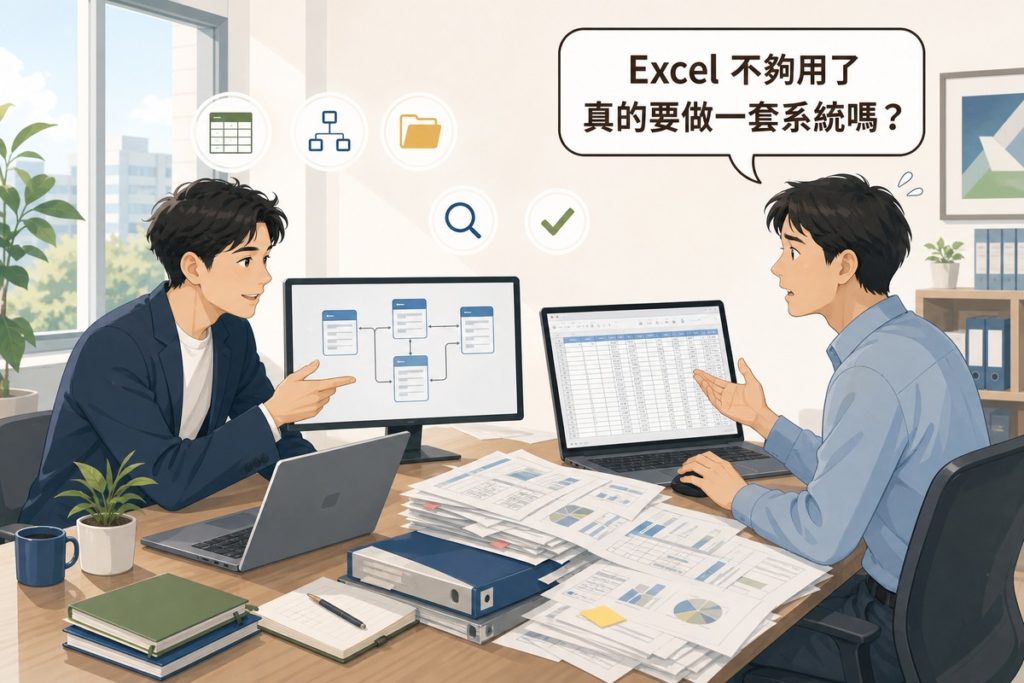 插畫：顧問指著螢幕上整齊的資料表結構圖，業主桌上堆滿雜亂報表，讀者提問氣泡寫著Excel不夠用了真的要做一套系統嗎