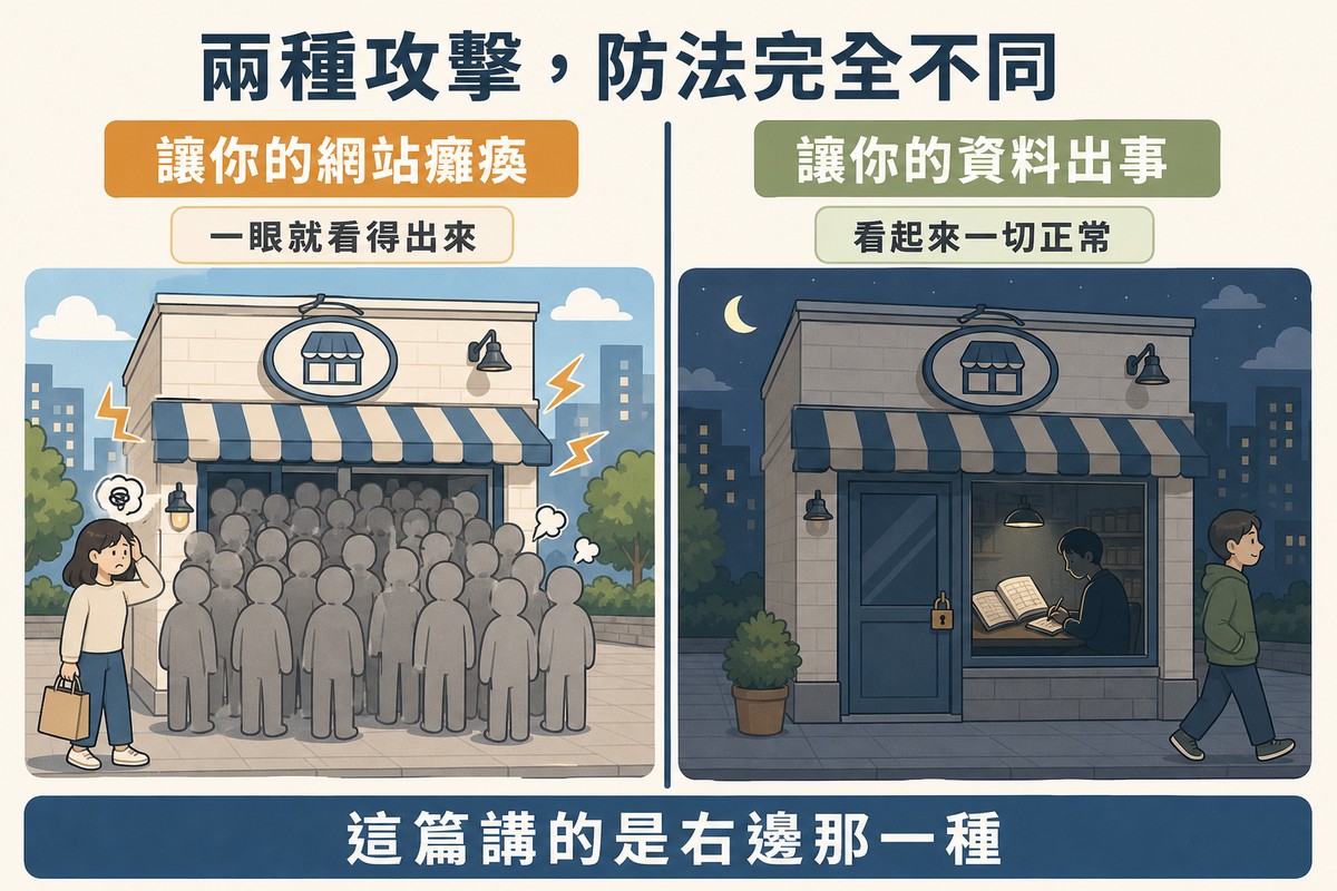 左邊店門口被大量灰色人影堵住讓真正顧客進不去,右邊同一家店夜間看似正常但有人在櫃檯抄寫帳本