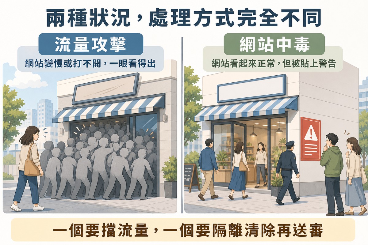 左邊店門口被人潮堵住顧客進不去，右邊同一家店營業正常但外牆被貼上紅色警告告示導致路人轉身離開
