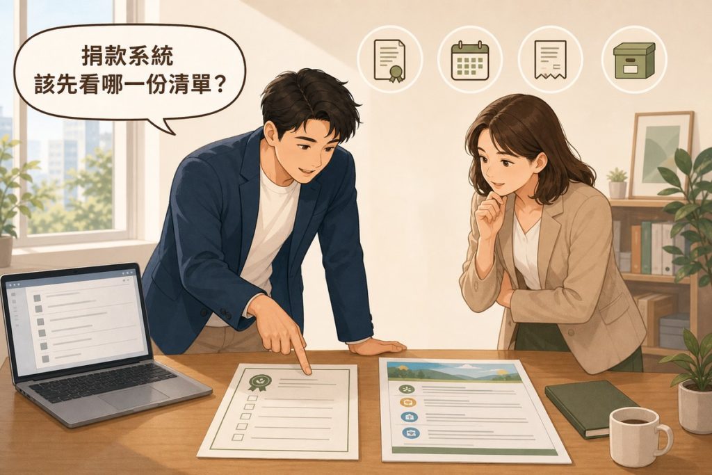 兩位非營利組織同仁比對兩份清單，一人指著左邊蓋有印信的official清單示意先看這份