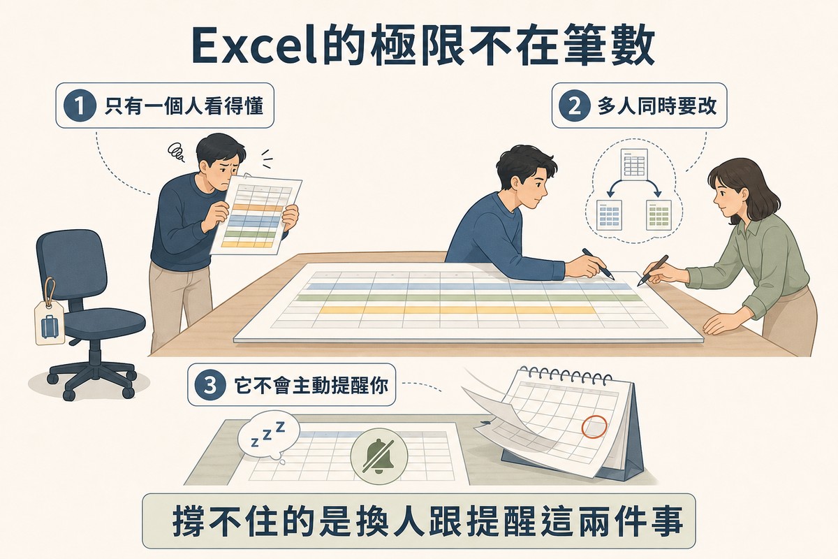 一張大型試算表周圍畫出三個問題:空著的座位與看不懂顏色標記的接手同事、兩人同時修改同一列導致版本分岔、以及月曆翻過圈選日期而試算表沉睡且鬧鈴被劃掉