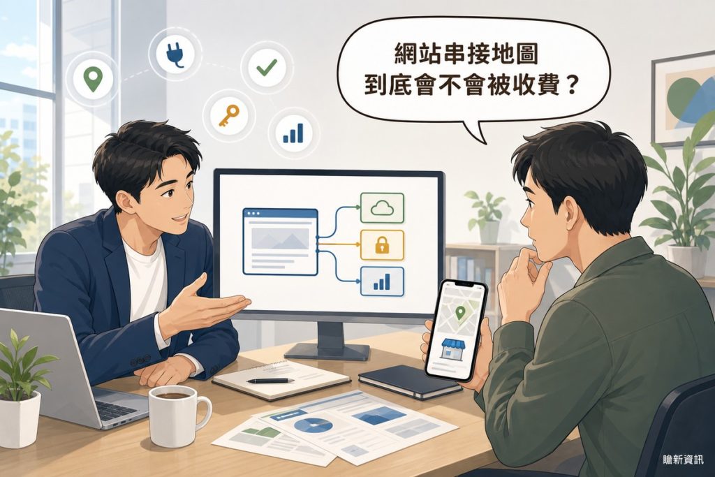 插畫：顧問指著螢幕上網站連到三個服務方塊的示意圖，業主手持顯示店家地圖的手機發問，讀者提問氣泡寫著網站串接地圖到底會不會被收費