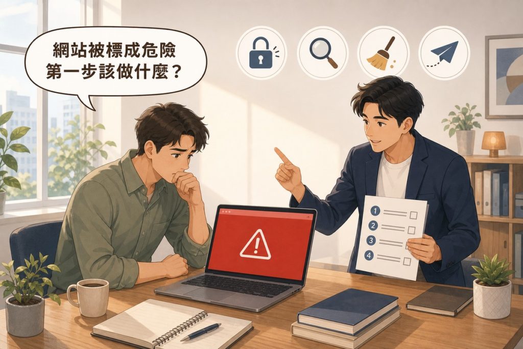 業主看著筆電上的紅色瀏覽器警告畫面神情焦急，同事在旁拿著編號清單示意照順序處理