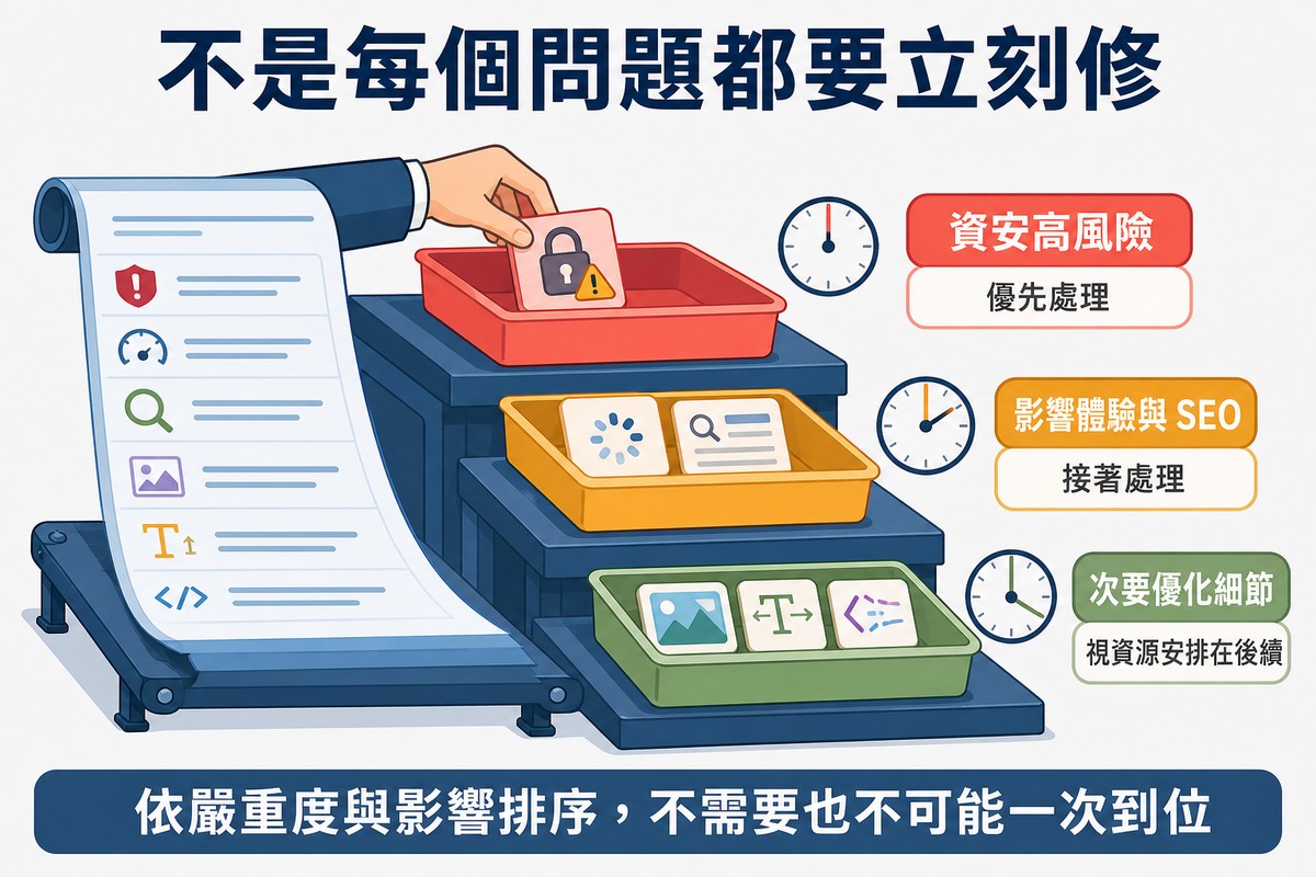 分揀插圖：健檢報告長條捲出，手把項目分入三個高度遞減的托盤，最高紅色是資安高風險、中間琥珀是影響體驗與SEO、最低綠色是次要優化細節，各配一個時鐘