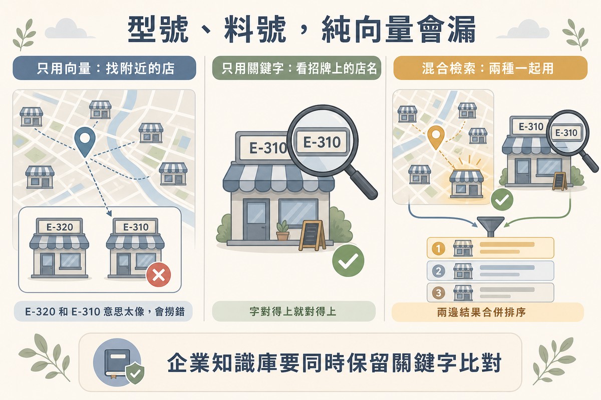 三格對照:只用向量在地圖上找附近的店卻撈到相鄰的錯誤型號、只用關鍵字用放大鏡看招牌店名、混合檢索兩種一起用並合併排序找到正確的店