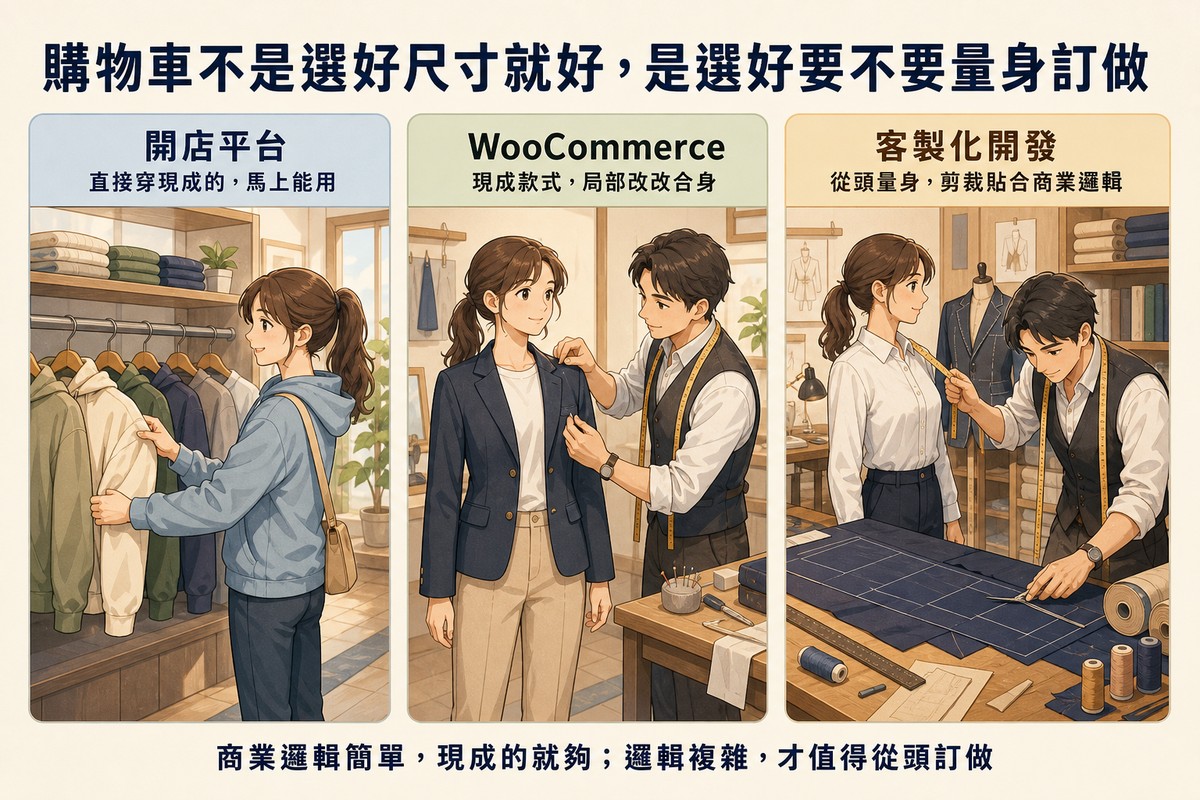 三格對照圖，左邊顧客在成衣架上直接拿現成衣服穿上，中間裁縫師傅正在幫顧客修改現成衣服合身，右邊裁縫師傅在裁布桌上量身剪裁全新布料，比喻購物車架設從開店平台到WooCommerce到客製化開發，客製化程度依序提高