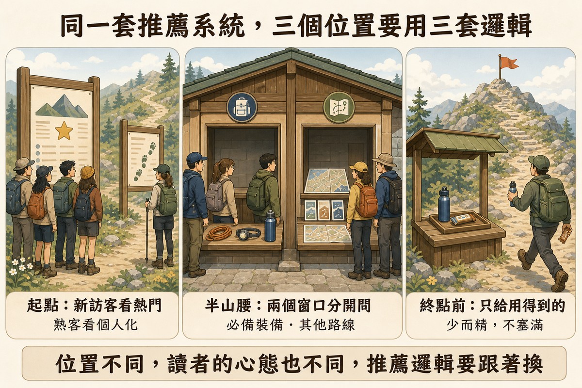 登山步道三格插畫圖解:起點多位登山客圍觀熱門路線牌、一人看個人化足跡牌;半山腰補給站分成必備裝備與其他路線兩個窗口;終點前小攤位只擺水瓶與能量棒兩三樣東西,登山客直接走向山頂旗幟