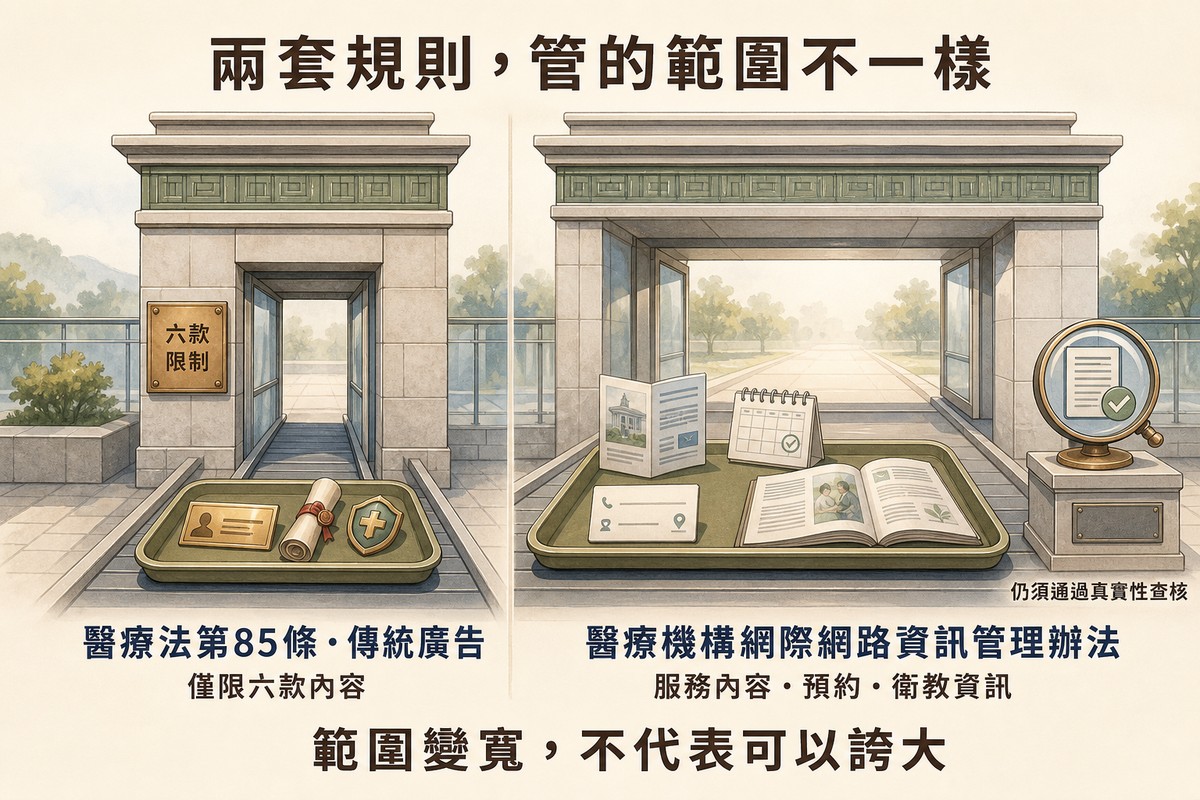 左右對照兩座石造閘門：左側較窄的閘門標示「醫療法第85條．傳統廣告／僅限六款內容」；右側較寬的閘門標示「醫療機構網際網路資訊管理辦法／服務內容・預約・衛教資訊」，出口處有檢查哨標示「仍須通過真實性查核」，底部收斂句「範圍變寬，不代表可以誇大」