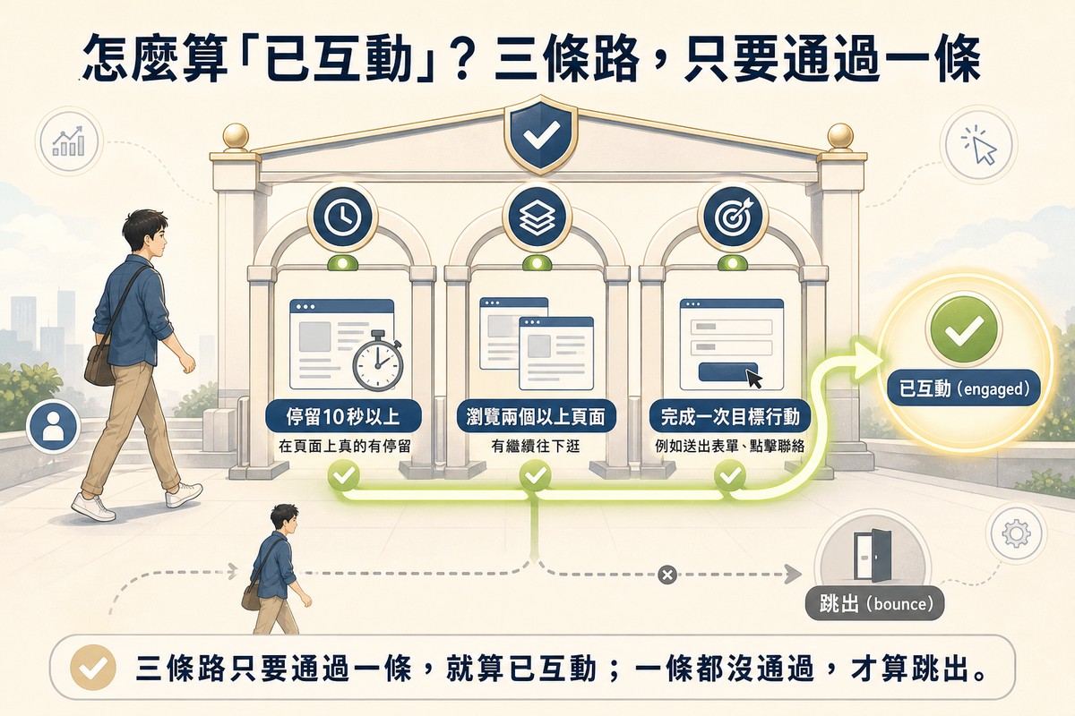 已互動判定示意圖：一位訪客走向三道拱門，分別標示停留10秒以上、瀏覽兩個以上頁面、完成一次目標行動，任一拱門通過都匯入右側已互動的綠色勾選圈；沒有通過任一拱門的訪客則被導向跳出的門