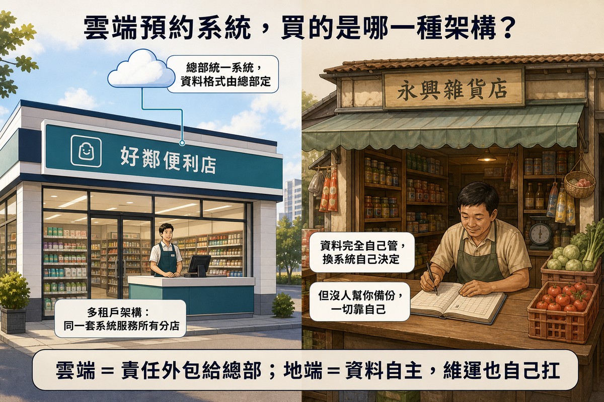 左右對照圖：左側「好鄰便利店」連接雲朵圖示代表多租戶架構，右側「永興雜貨店」老闆手寫記帳代表地端自建