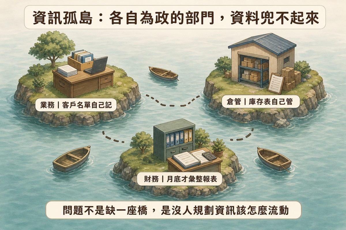 三座孤立小島分別代表業務、倉管、財務三個部門，島與島之間的橋是斷開的虛線，還有擱淺的小船