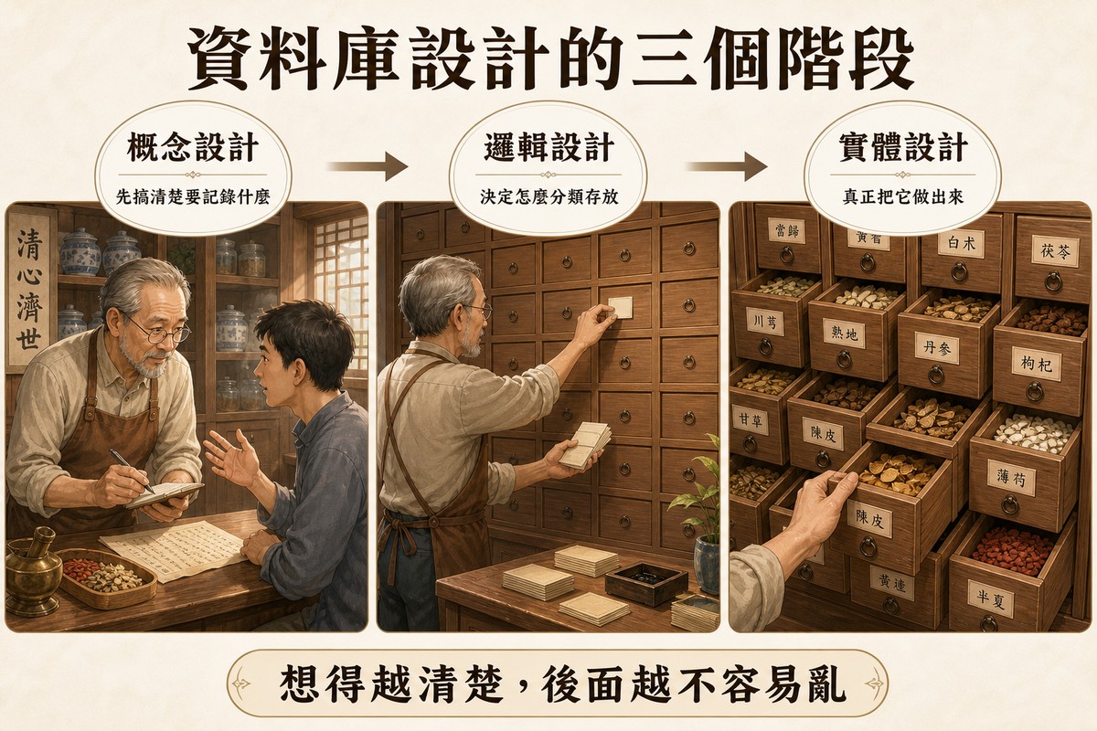 三格連續畫面，中藥行老闆與客人問診對話、在空的百子櫃前貼標籤、以及裝滿藥材貼好標籤的成品百子櫃，對應概念設計、邏輯設計、實體設計三階段