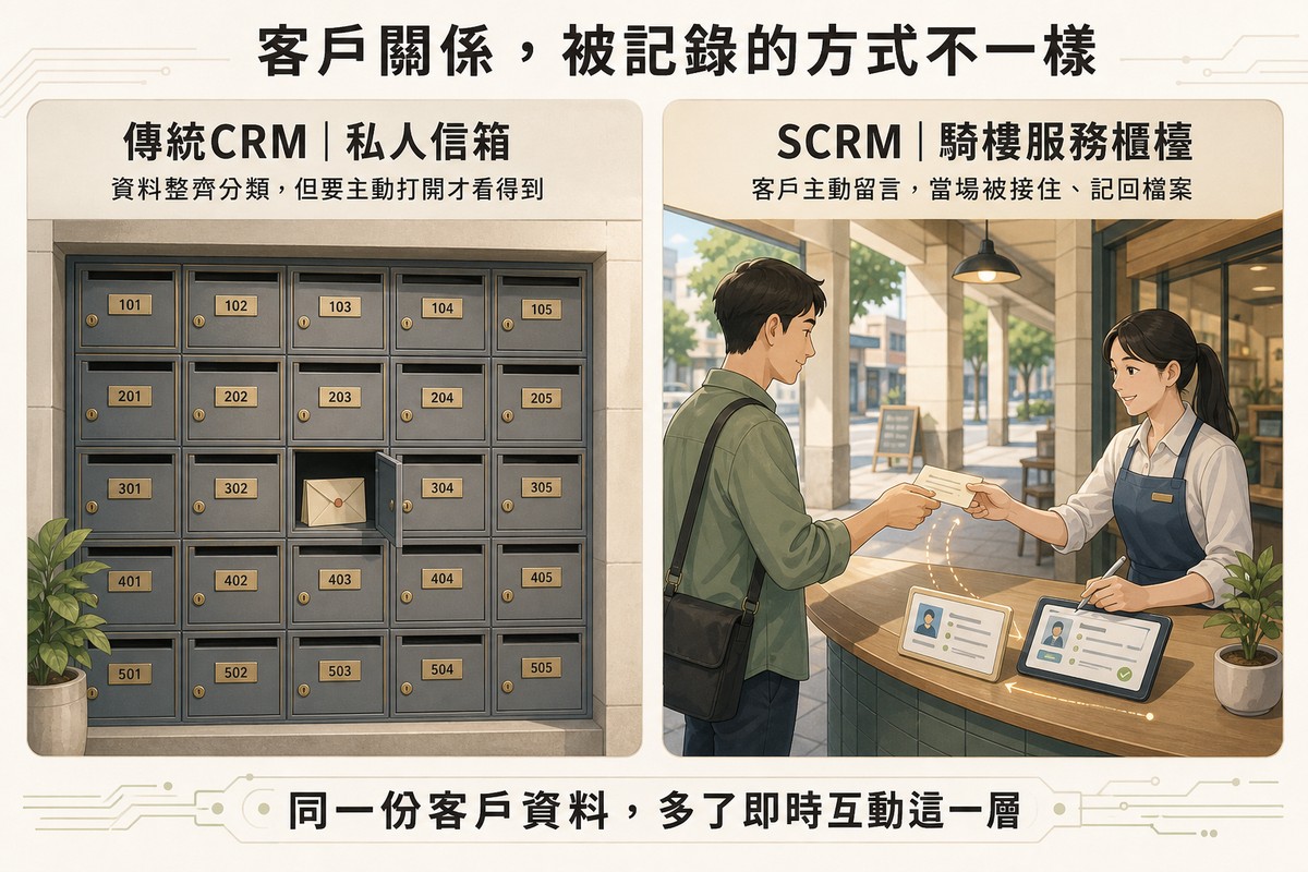 左右對照圖，左側是一整面標號的私人信箱牆代表傳統CRM資料整齊但被動；右側是騎樓下的服務櫃檯，店員當場從路過客戶手中接下留言並在平板上更新客戶檔案代表SCRM即時互動，底部一行文字寫著同一份客戶資料多了即時互動這一層
